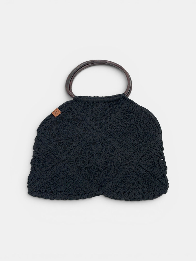 ręcznie szydełkowana torebka boho czarna z czarnym uchwytem Frozen Keys