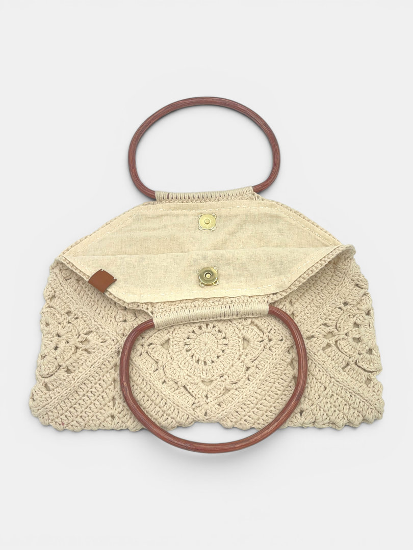 torebka boho ecru z brązowym uchwytem handmade Frozen Keys