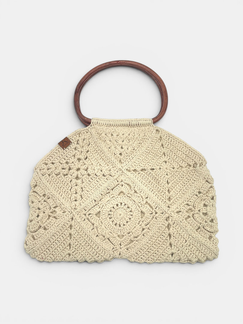 ręcznie szydełkowana torebka boho ecru z brązowym uchwytem Frozen Keys