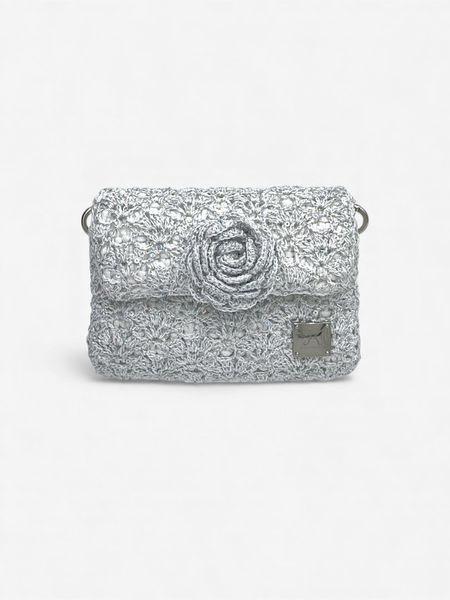 Torebka Mini z Różą Biała z Metalizowaną Nicią z Cekinami